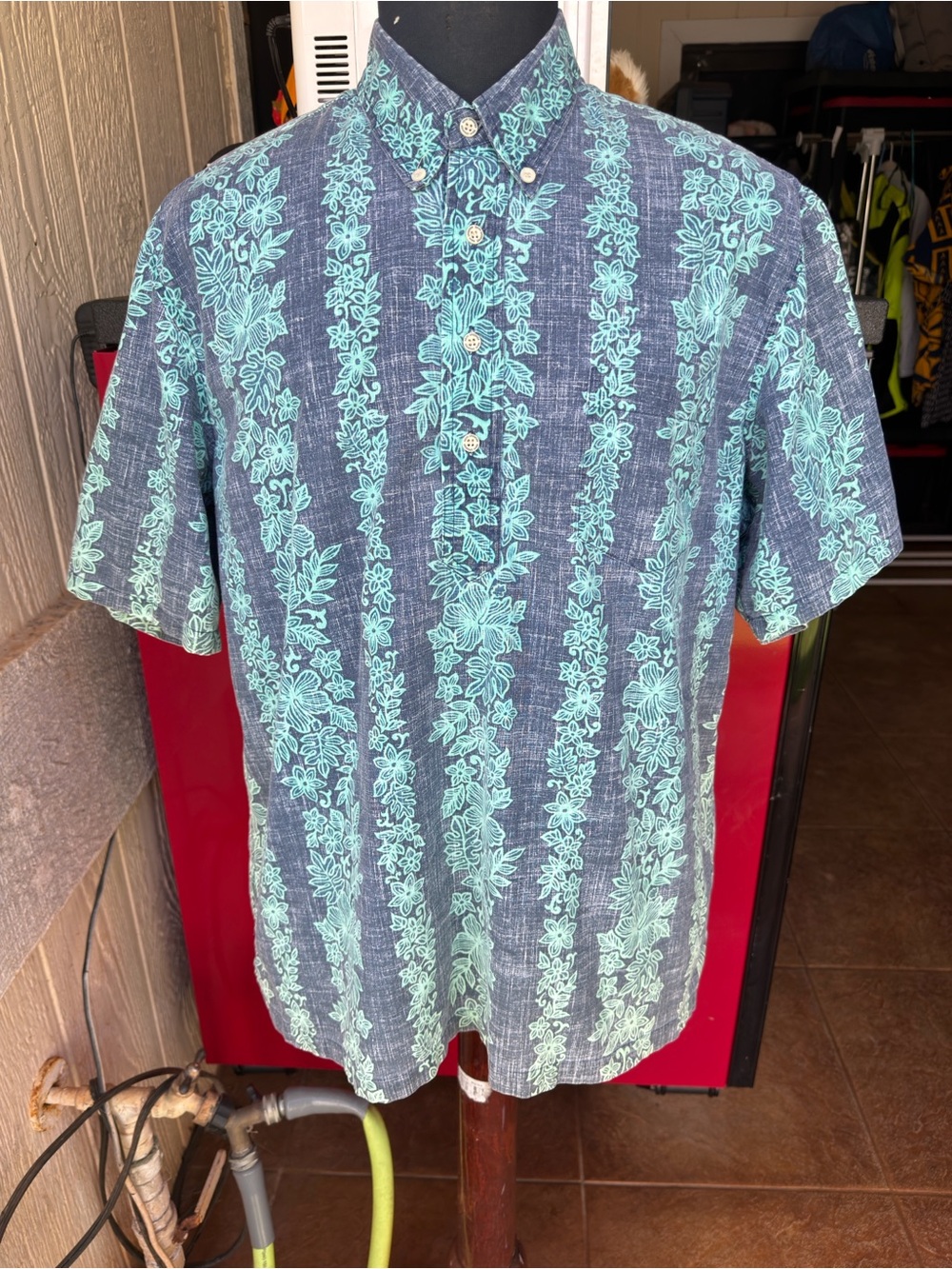PreOwned Reyn Spooner Classic Hawaiian Print Blue/Green Pullover Men's Large